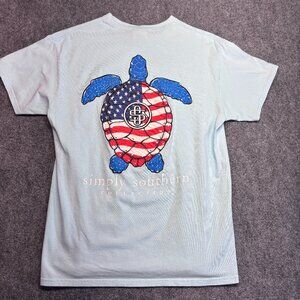 Simply Southern Sea Turtle USA Flag Graphic Tee Shirt Light Blue Womens M